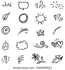 Hand drawn set elements, Abstract arrows, ribbons, hearts, stars, crowns and other elements in a hand drawn style for concept designs. Scribble illustration. Vector illustration.