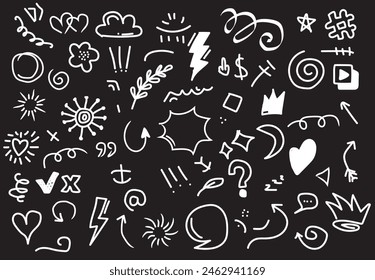 Hand drawn set elements, abstract arrows, ribbons, hearts, stars, crowns and other elements in hand drawn style for concept design. Scribble illustration. Vector illustration.
