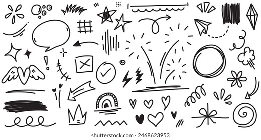 Hand drawn set elements, Abstract arrows, ribbons, hearts, stars, crowns and other elements in a hand drawn style for concept designs. Scribble illustration. Vector illustration.