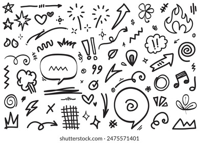 Hand drawn set elements, Abstract arrows, ribbons, hearts, stars, crowns and other elements in a hand drawn style for concept designs. Scribble illustration. Vector illustration.