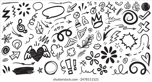 Hand drawn set elements, Abstract arrows, ribbons, hearts, stars, crowns and other elements in a hand drawn style for concept designs. Scribble illustration. Vector illustration.