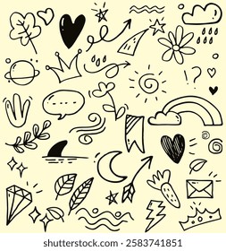 Hand drawn set elements, Abstract rainbow,  hearts, stars, crowns and other elements in a hand drawn style for concept designs.