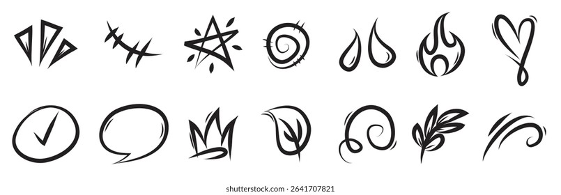 hand drawn set elements abstract arrows ribbons hearts stars crowns other elements hand drawn style