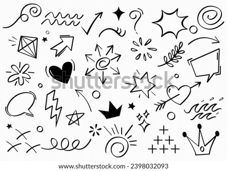 Hand drawn set elements, Abstract arrows, crown, hearts, stars, and other elements in a hand drawn style for concept designs.Vector illustration.	
