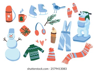 hand drawn set of elements for active winter recreation