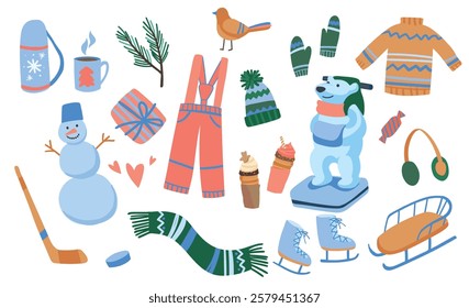 hand drawn set of elements for active winter recreation. skates, sled, snowman, thermos and mug, hockey puck and stick, sweater, mittens, scarf