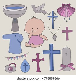 Hand drawn set of elements for baptism.  Collection of isolated elements.