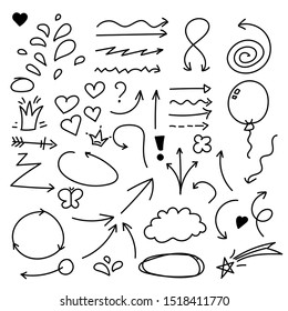 Hand drawn set elements, black on white background. Arrow, heart, love, star, leaf, sun, light, flower, daisy, crown, king, queen,Swishes, swoops, emphasis ,swirl, heart, for concept design.