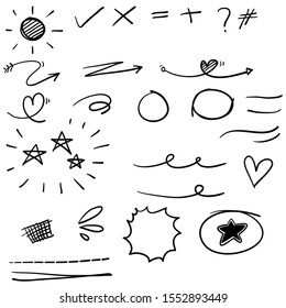 Hand drawn set elements, black on white background. Arrow, heart, love, speech bubble, star, leaf, sun,light,check marks ,crown, king, queen,Swishes, swoops, emphasis ,swirl, heart.with cartoon line