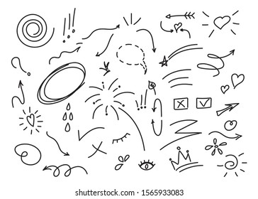 Hand drawn set elements, black on white background. Arrow, heart, love, star, leaf, sun, light, flower, crown, king, queen,Swishes, swoops, emphasis ,swirl, heart, for concept design.