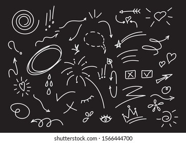 Hand drawn set of elements, black on white background. Arrows, hearts, stars, leaf, sun, light, flower, crown of king or queen for concept design.