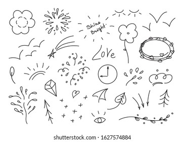 Hand drawn set elements, black on white background. Arrow, heart, love, star, leaf, sun, light, flower, crown, king, queen, swishes, swoops, emphasis ,swirl, heart, for concept design.