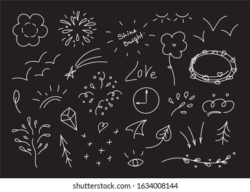 Hand drawn set elements, black on white background. Arrow, heart, love, star, leaf, sun, light, flower, crown, king, queen, swishes, swoops, emphasis ,swirl, heart, for concept design.