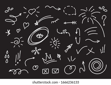 Elementos dibujados a mano, de fondo negro sobre blanco. Flecha, corazón, amor, estrella, hoja, sol, luz, flor, corona, rey, reina, deseos, swoops, énfasis, remolino, corazón, para el diseño conceptual.