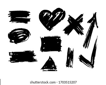 Hand drawn set elements, black on white background, doodle elements, arrow, Checkmark, brus, love