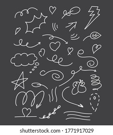 Hand drawn set of elements, black on white background. Arrows, hearts, stars, leaf, sun, light, flower, crown of king or queen for concept design.