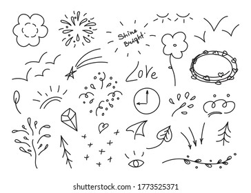 Hand drawn set of elements, black on white background. Arrows, hearts, stars, leaf, sun, light, flower, crown of king or queen for concept design.