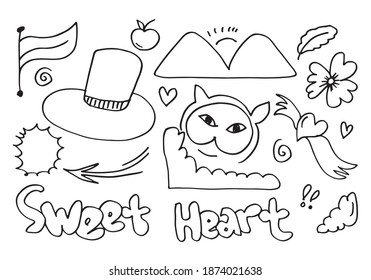 Hand drawn set elements, black on white background. Arrow, heart, love, flower, crown, hat, flag, mountain, apple, sweet heart, sun and emojis. for concept design.