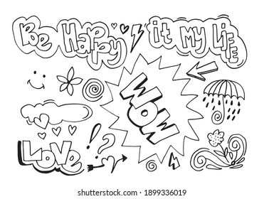 hand drawn set elements, black on white background. hearts, clouds, exclamation marks, question marks, swirls, umbrellas, arrows and wow,be happy,it's my life,love text for concept designs.