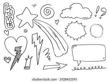 hand drawn set elements, black on white background. arrow, heart, love, star, glow, flower, crown, king, queen, swish, emphasis, swirl, heart, for concept design
