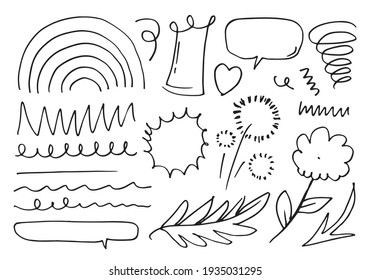 hand drawn set elements, black on white background. rainbow, flower, leaves, speech bubble, heart, light, king, emphasis, swirl, for concept design.