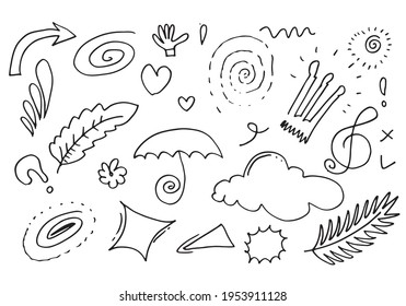 Hand drawn set elements, black on white background. Arrows, clouds, leaves, sun, light, flowers, crowns, strokes, emphasis, vortex, umbrellas, hands, for concept design.