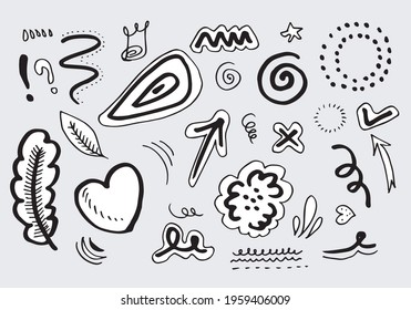 Hand drawn set elements, black on white background. Arrows, hearts, love, stars, leaves, sun, light, flowers, crowns, swish, strokes, emphasis, swirls, hearts, for concept design.