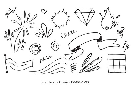 hand drawn set elements, black on white background. ribbon, fire, flag, cloud, arrow, heart, light, square, king, emphasis, vortex, for concept design.