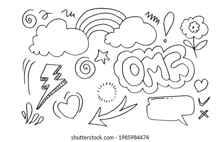 hand drawn set elements, black on white background. arrow, heart, love, star, thunder, flower, swish, emphasis, swirl for concept design