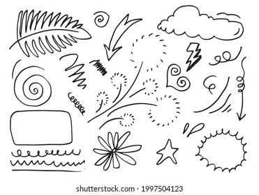 hand drawn set elements, black on white background. cloud, flower, leaves, speech bubble, heart, light, thunderbolt, star, emphasis, swirl, for concept design.