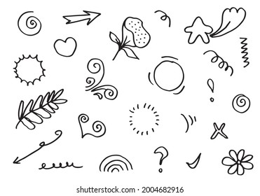 Hand drawn set elements, black on white background. Arrow, heart, love, star, leaf, sun, light, flower, check mark, Swishes, swoops, emphasis ,swirl, heart, for concept design.
