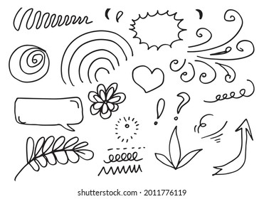 Hand drawn set elements, black on white background. Arrow, heart, love, leaf, sun, light, flower, Swishes, swoops, emphasis ,swirl, for concept design.