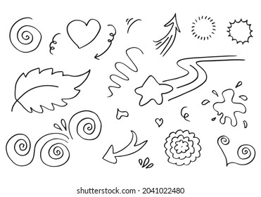 Hand drawn set elements, black on white background. Arrow, heart, love, star, leaf, sun, light, flower,Swishes, swoops, emphasis ,swirl, for concept design.