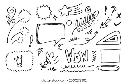Hand drawn set elements, black on white background.Arrow, heart, love, star, leaf, circle, light, flower, crown,Swishes, swoops, emphasis ,swirl ,speech bubble for concept design.