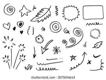 Hand drawn set elements, black on white background. Arrow, heart, love, star, leaf, sun, light, flower,Swishes, swoops, emphasis ,swirl, heart, for concept design.