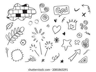 Hand drawn set elements, black on white background. Wall,Arrow, heart, love, star, leaf, circle, light, flower, crown,Swishes, swoops, emphasis ,swirl ,speech bubble for concept design.