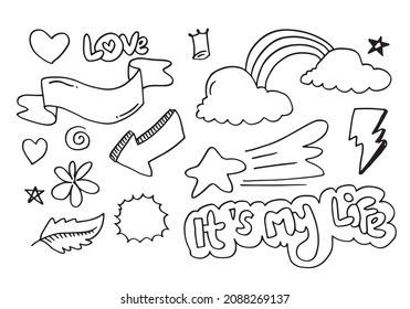 hand drawn set elements, black on white background. hearts, clouds, star, thunderbolt, swirls, leave, flower, arrows and,it's my life,love text for concept designs.