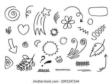 Hand drawn set elements, black on white background. Arrow, heart, love, star, leaf, sun, light, flower, crown, king, queen,Swishes, swoops, emphasis ,swirl, heart, for concept design.
