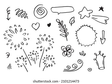 Hand drawn set elements, black on white background. Arrow, heart, love, star, leaf, sun, light, flower, crown, king, queen,Swishes, swoops, emphasis ,swirl, heart, for concept design.