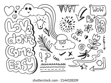 hand drawn set elements, black on white background. hearts, clouds, exclamation marks, question marks, swirls, umbrellas, arrows and wow,love dont come easy text for concept designs.