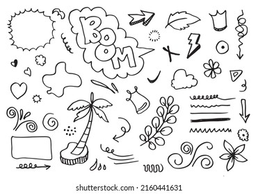 Hand drawn set elements, black on white background. Arrow, heart, love, star, leaf, sun, light, flower, crown, Boom,Swishes, swoops, emphasis ,swirl, heart, for concept design.