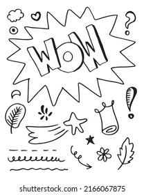 hand drawn set elements, black on white background. hearts, lights, emphasis, swirls, crown, arrows and wow text for concept designs.