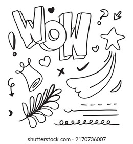 hand drawn set elements, black on white background. hearts, lights, emphasis, swirls, crown, arrows and wow text for concept designs.