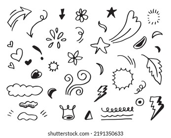 Hand drawn set elements, black on white background. Arrow, heart, love, star, leaf, sun, light, flower, crown, king, queen,Swishes, swoops, emphasis ,swirl, heart, for concept design.