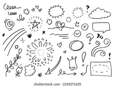 Hand drawn set elements, black on white background. Arrow, heart, love, star, leaf, sun, light, flower, crown, king, queen,Swishes, swoops, emphasis ,swirl, heart, for concept design.