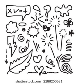 Hand drawn set elements, black on white background. Arrow, heart, love, star, leaf, sun, light, flower, crown, king, queen,Swishes, swoops, emphasis ,swirl, heart, for concept design.