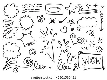 Hand drawn set elements, black on white background. Arrow, heart, love, star, leaf, sun, light, flower, crown, king, queen,Swishes, swoops, emphasis ,swirl,