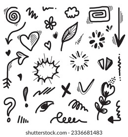 Hand drawn set elements, black on white background. Arrow, heart, love, star, leaf, sun, light, flower, crown, king, queen,Swishes, swoops, emphasis ,swirl, heart, for concept design.