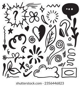 Hand drawn set elements, black on white background. Arrow, heart, love, star, leaf, light, flower, cloud ,Swishes, swoops, emphasis ,swirl, for concept design.