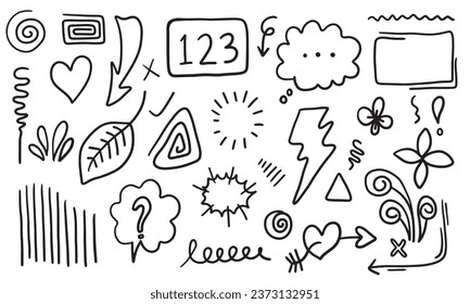 Hand drawn set elements, black on white background. Arrow, heart, love, star, leaf, sun, light, flower, crown, king, queen,Swishes, swoops, emphasis ,swirl, heart, for concept design.